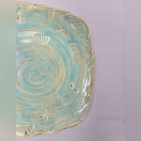 Coastal Ceramic Art Piece Plate in Teal and Tan Stamped Starfish & Sea Shells - Picture 3 of 11